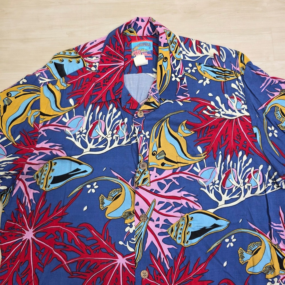 Reyn Spooner Joe Kealoha Mens Large Hawaiian Shirt Rayon Tropical Fish Blue Red - Picture 3 of 7